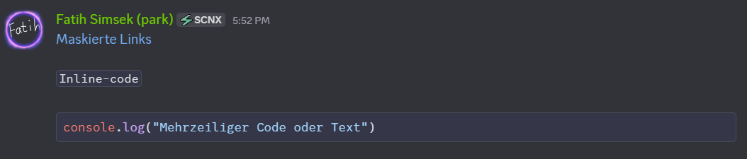 Ein Screenshot mit Beispielen für maskierte Links, Inline-Code und Codeblöcke